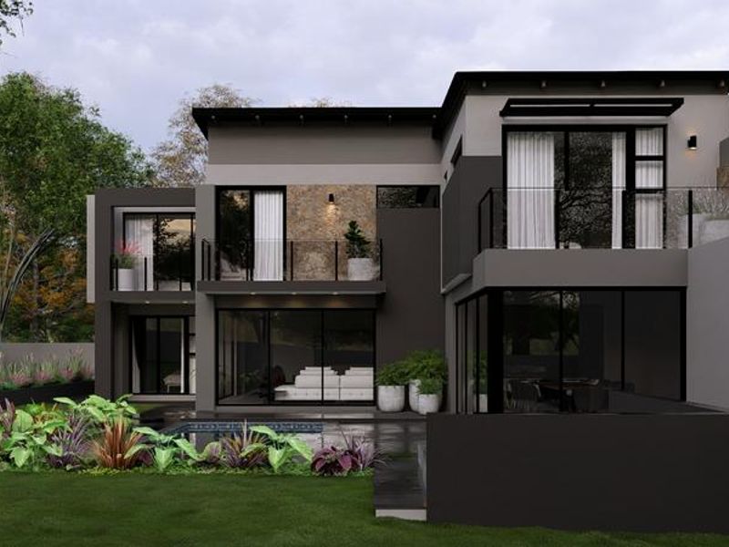 Modern double-story rear elevation featuring a swimming pool, stone cladding, glass balustrades, and expansive sliding doors opening to the garden.