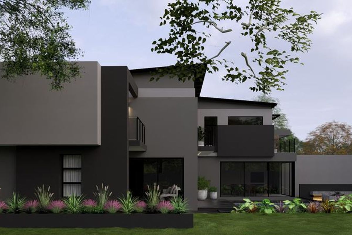 A modern two-story residential exterior featuring dark grey finishes, large glass sliding doors, balconies, and a well-maintained landscaped garden.