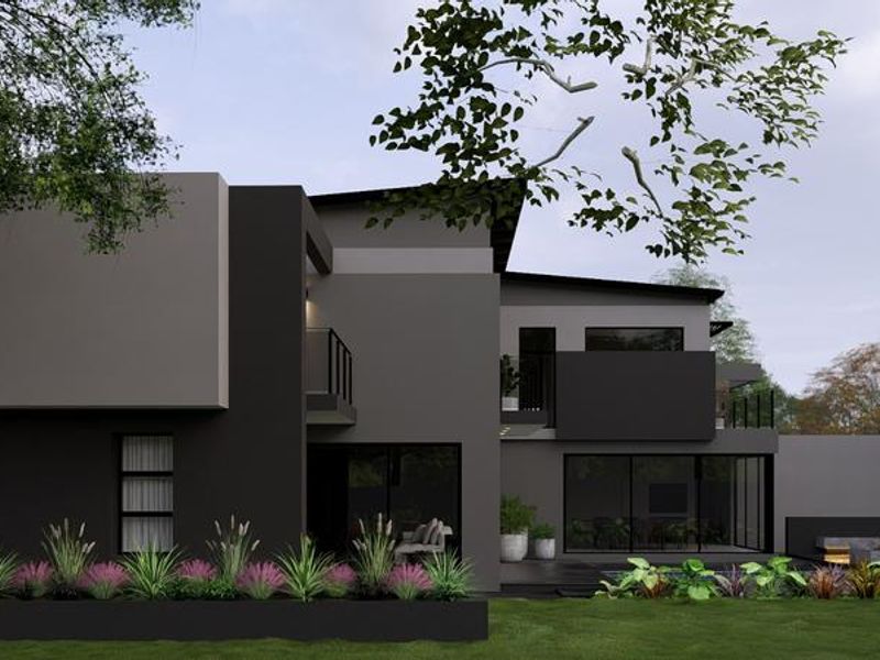A modern two-story residential exterior featuring dark grey finishes, large glass sliding doors, balconies, and a well-maintained landscaped garden.