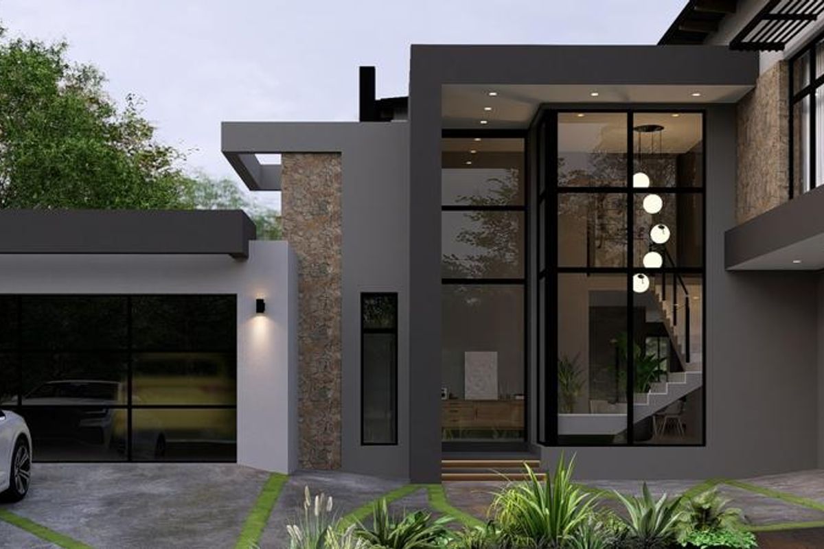 Modern architectural front elevation featuring stone cladding, expansive glass windows, and a contemporary paved driveway with integrated lighting.