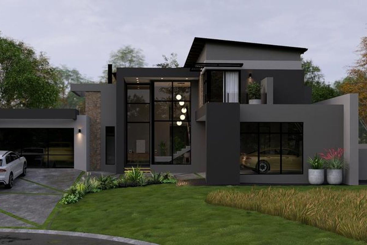 Modern double-story architectural home featuring a striking dark facade, stone accents, expansive glass windows, and a spacious paved driveway with integrated garage.