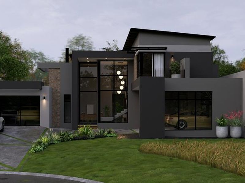 Modern double-story architectural home featuring a striking dark facade, stone accents, expansive glass windows, and a spacious paved driveway with integrated garage.