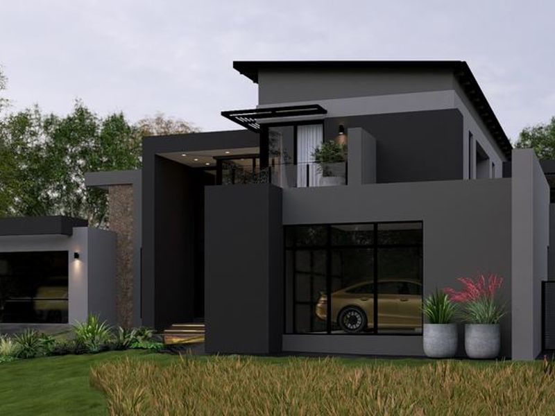 A contemporary double-story residential home featuring a modern dark grey facade, stone accents, a double garage, and an upper-level balcony.