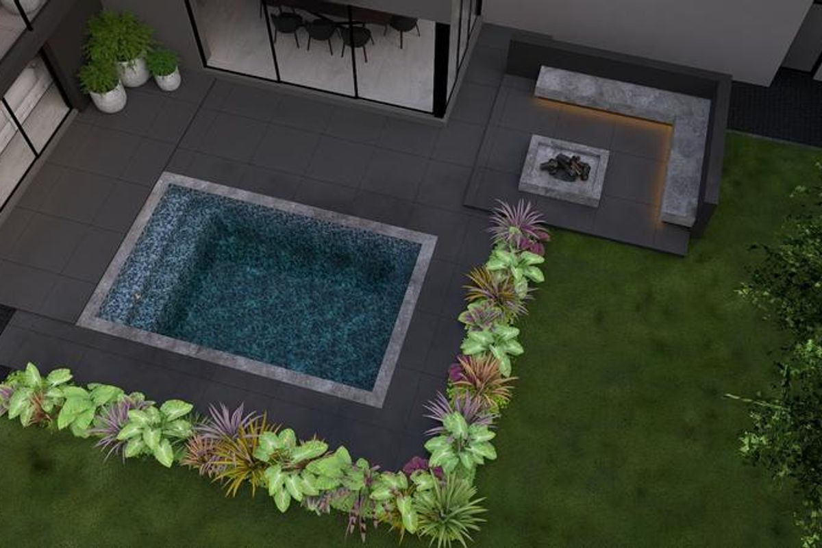 Aerial view of a modern outdoor entertainment area featuring a swimming pool, built-in fire pit with bench seating, and landscaped garden.