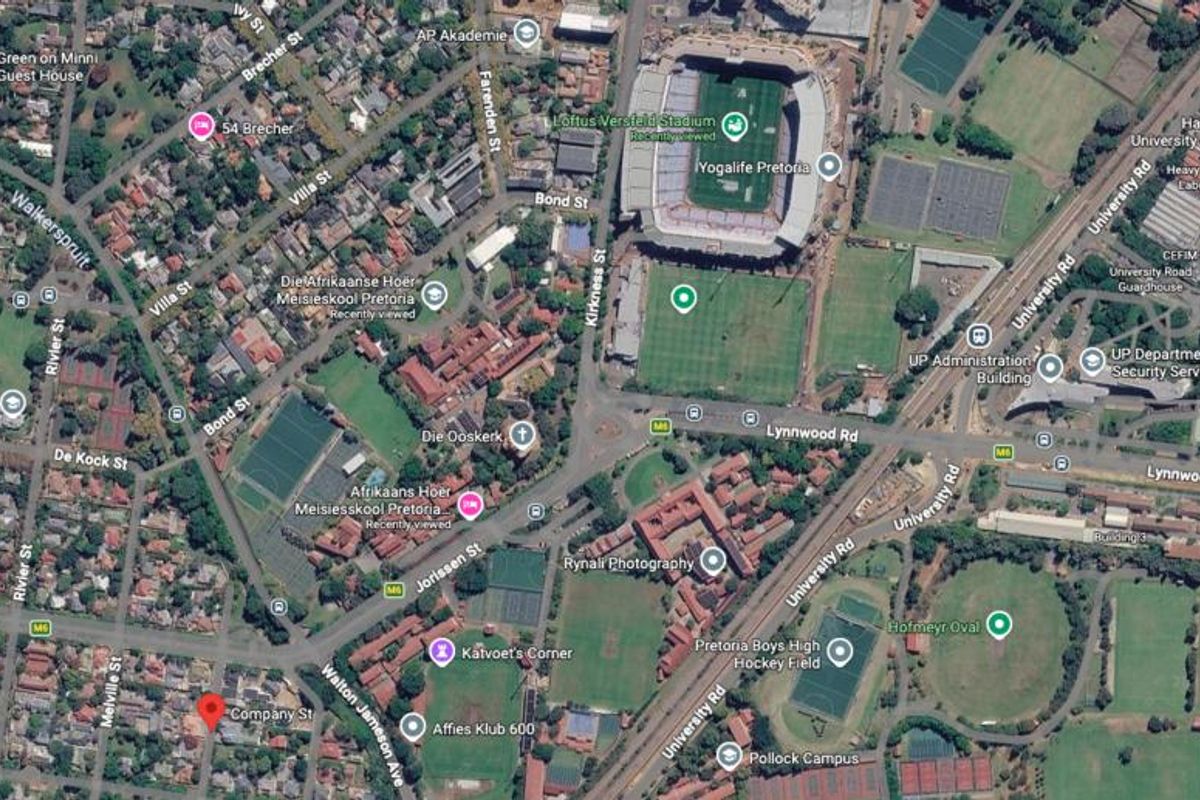 An aerial map view showing the surrounding neighborhood and local landmarks in Pretoria.