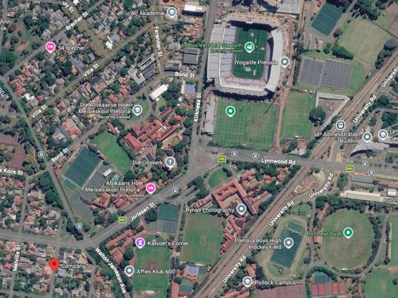 An aerial map view showing the surrounding neighborhood and local landmarks in Pretoria.