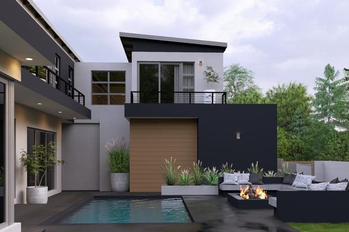 Modern rear exterior featuring a swimming pool, sunken fire pit area, and a contemporary two-story facade with timber accents and balcony.