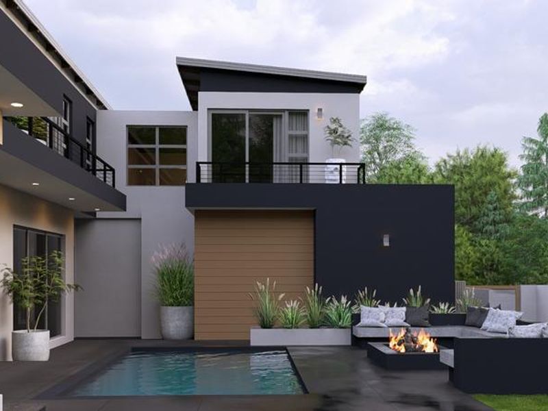 Modern rear exterior featuring a swimming pool, sunken fire pit area, and a contemporary two-story facade with timber accents and balcony.