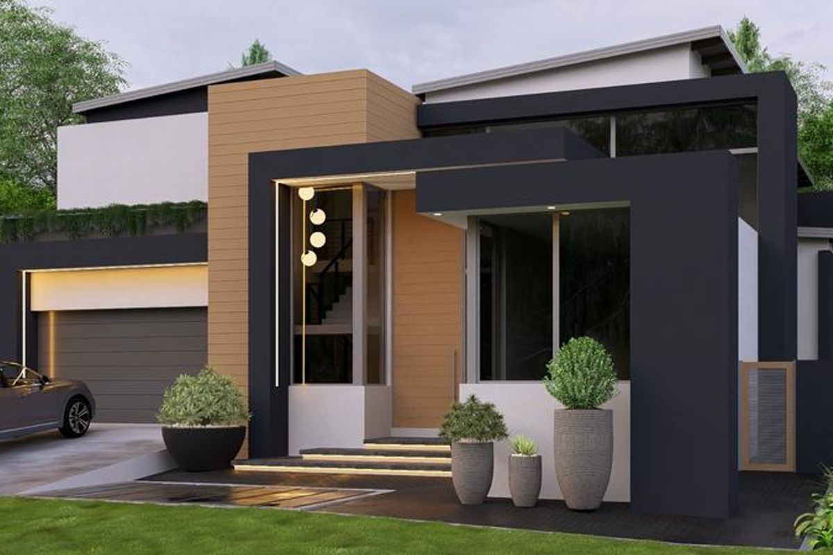 A modern architectural front facade featuring clean lines, contrasting dark and wood-tone cladding, integrated lighting, and a paved driveway.