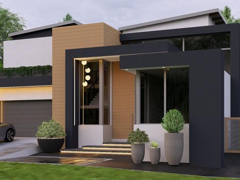 A modern architectural front facade featuring clean lines, contrasting dark and wood-tone cladding, integrated lighting, and a paved driveway.