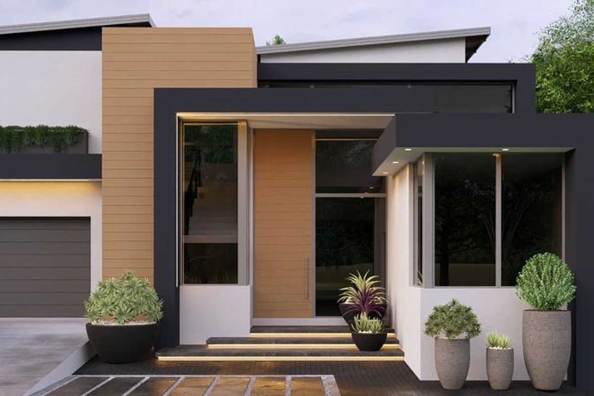 A contemporary front facade featuring clean lines, timber cladding, integrated LED lighting, and a spacious double garage entrance.