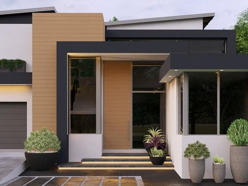 A contemporary front facade featuring clean lines, timber cladding, integrated LED lighting, and a spacious double garage entrance.