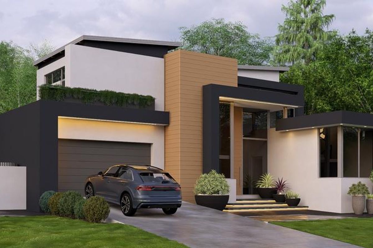 A modern double-story residential home featuring a contemporary facade with timber accents, integrated garage, and clean architectural lines.