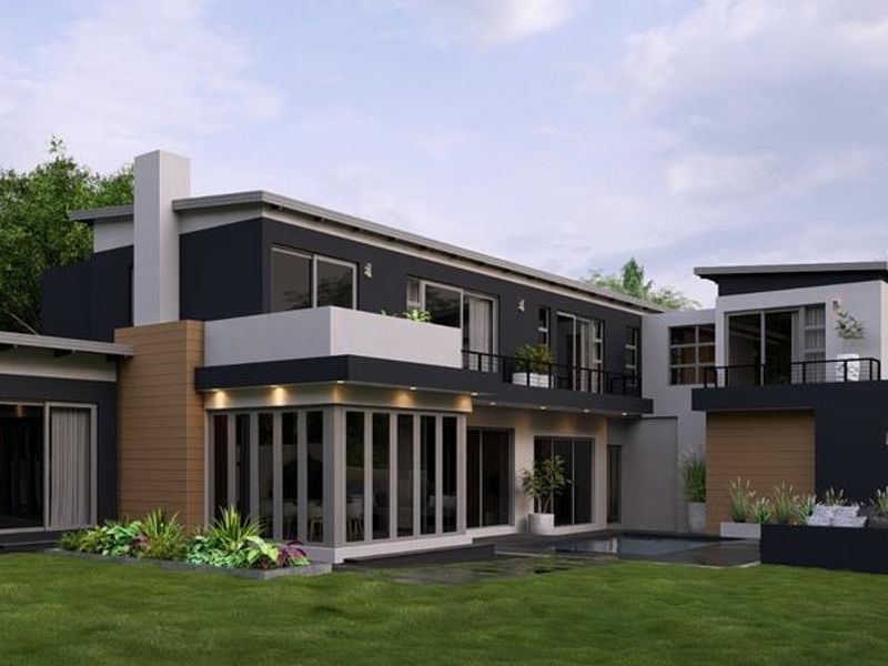 A modern two-story residential exterior featuring a swimming pool, balcony, and contemporary architectural design with dark and neutral finishes.