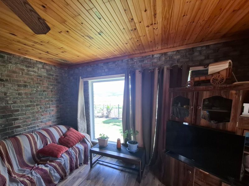 Cozy living room featuring rustic exposed brick walls, a warm timber tongue and groove ceiling, and large window providing natural light.