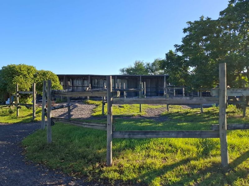 Outdoor farm area featuring timber post and rail fencing, a gravel pathway, and a corrugated metal shed structure.