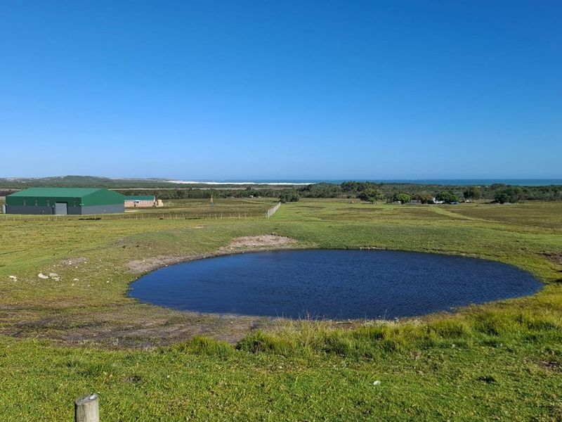 A scenic view of the farm landscape featuring a dam, open grazing fields, and distant outbuildings with a coastal backdrop.