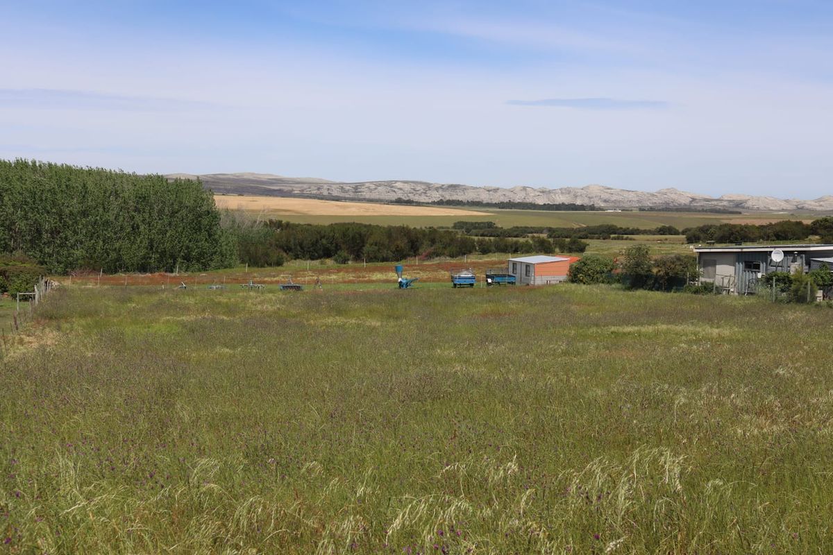 A wide-angle view of the agricultural land featuring open fields, natural vegetation, and distant mountain scenery.