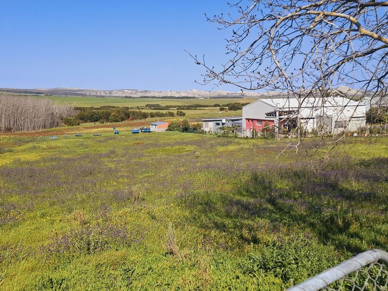 A wide-angle view of an expansive agricultural plot featuring open fields, distant hills, and existing outbuildings under a clear blue sky.