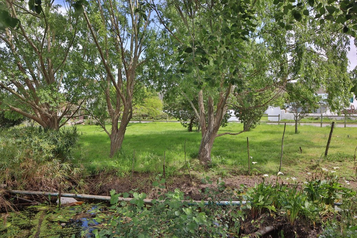 A view of a grassy residential plot featuring mature trees, wire fencing, and a small water feature in the foreground.