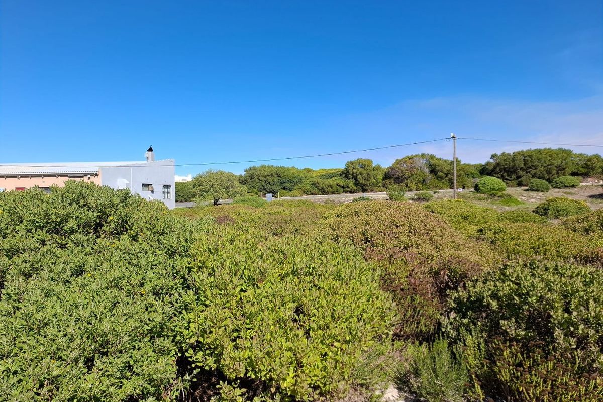 A view of a vacant commercial land plot featuring natural coastal vegetation and existing utility infrastructure.