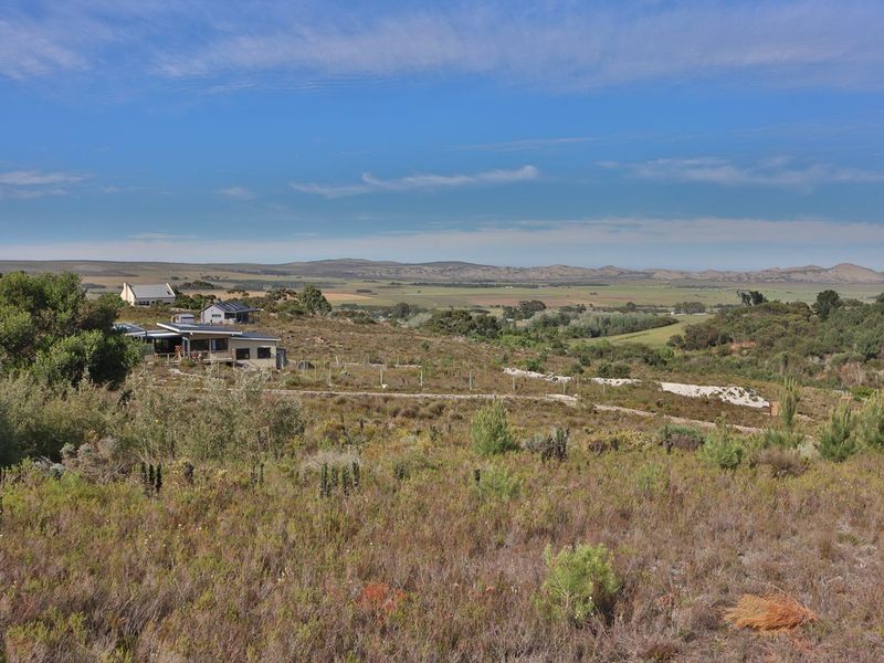 A wide-angle view of the agricultural landscape featuring natural vegetation, fencing, and distant buildings under a clear blue sky.