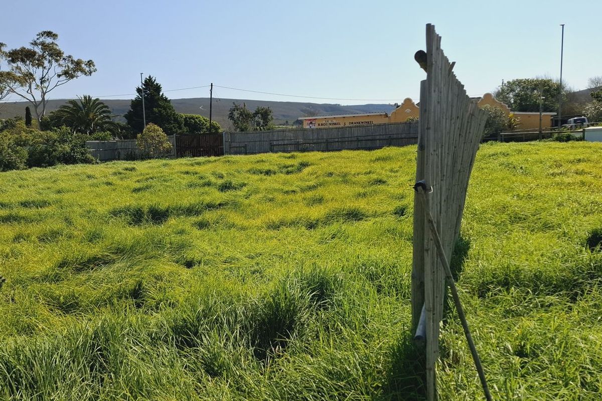 A view of a vacant residential plot featuring overgrown grass and perimeter fencing with a section showing signs of leaning.