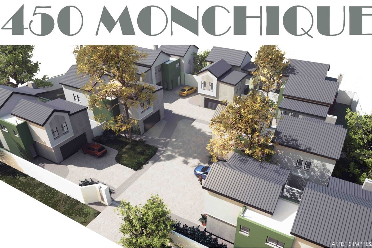 An aerial perspective rendering of the 450 Monchique residential development, showcasing the layout of the modern housing units and shared driveway access.