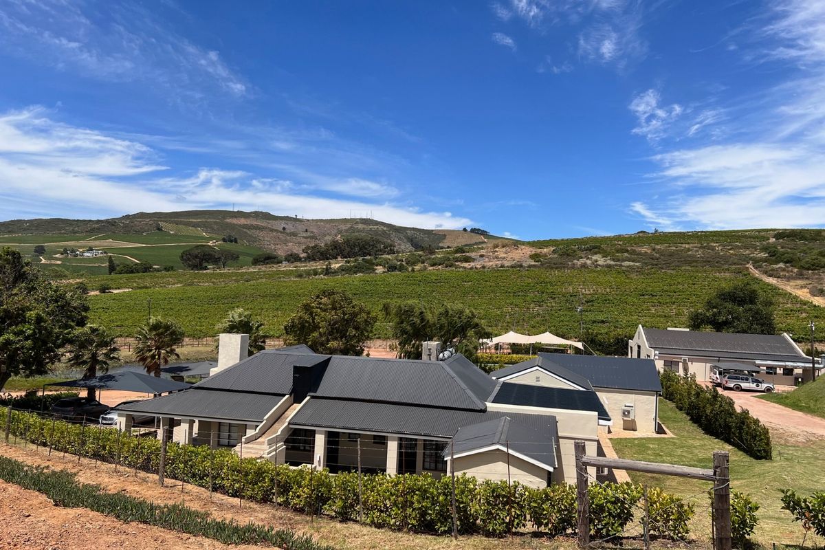 Aerial view of a farm property featuring multiple buildings with dark metal roofing, solar panels, and expansive surrounding vineyards and mountain landscape.