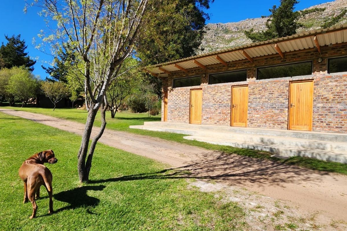A view of a commercial building featuring exposed brickwork, multiple wooden entrance doors, and a corrugated metal roof, set within a landscaped garden area.