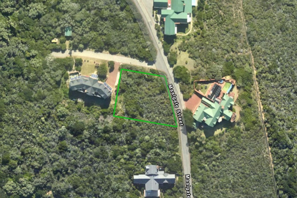 An aerial view of a vacant residential plot situated along Maalgate Street, surrounded by established vegetation and neighboring properties.