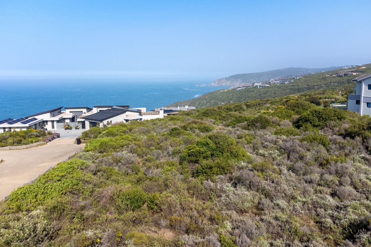 Aerial view of a vacant residential plot featuring natural coastal vegetation, paved access road, and panoramic ocean views in a developed estate setting.