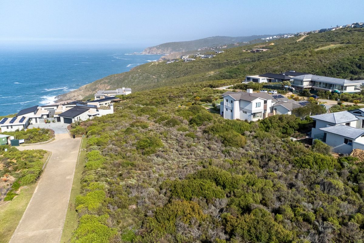An elevated aerial view of a coastal residential estate, showcasing vacant land plots surrounded by established modern homes and scenic ocean views.