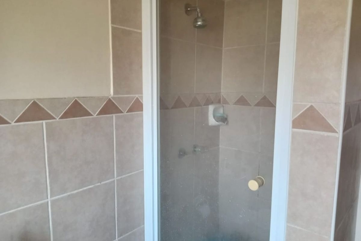 A functional bathroom shower enclosure featuring tiled walls with a decorative border and a glass pivot door.