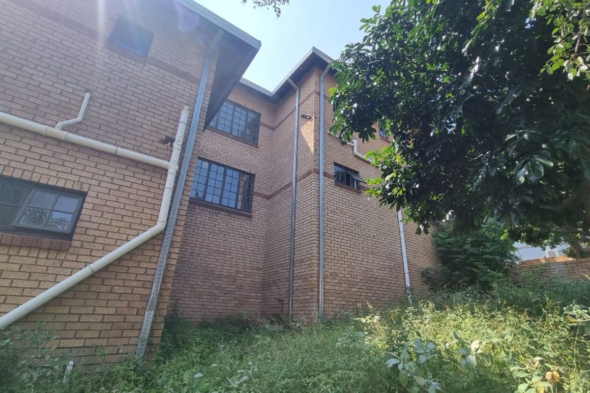 A view of the rear brick facade of the house, featuring multi-level windows and external drainage pipes, set against an overgrown garden area.