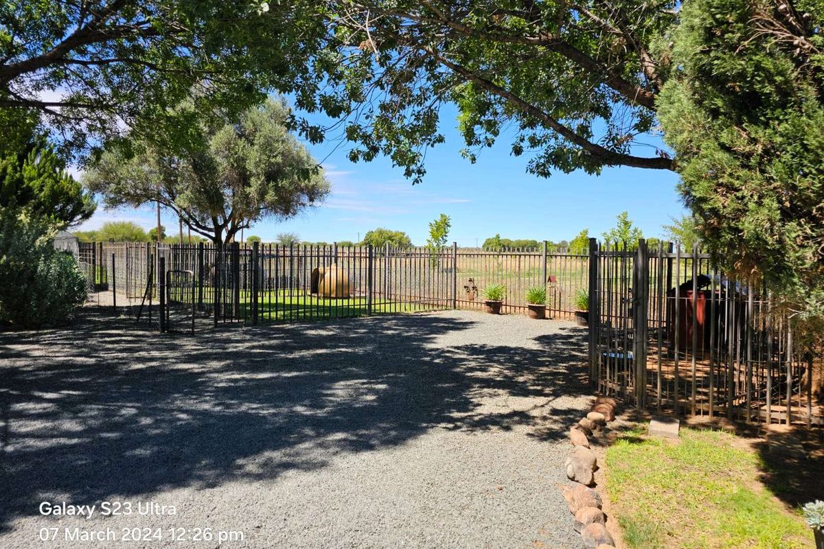 A gravel driveway area featuring metal perimeter fencing and mature trees, providing a secure and open outdoor space on the farm property.