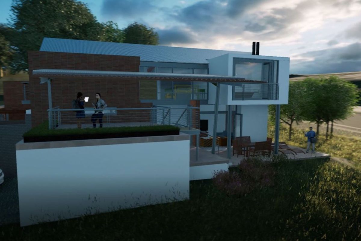 A modern architectural rendering of a residential property featuring a multi-level design with brick and white facade elements and an elevated terrace.