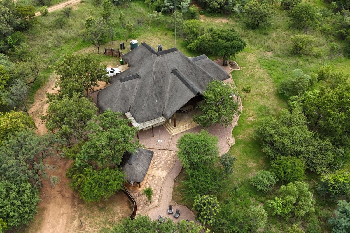 Aerial view of a thatched-roof house nestled in a lush, wooded landscape with paved pathways and natural surroundings.