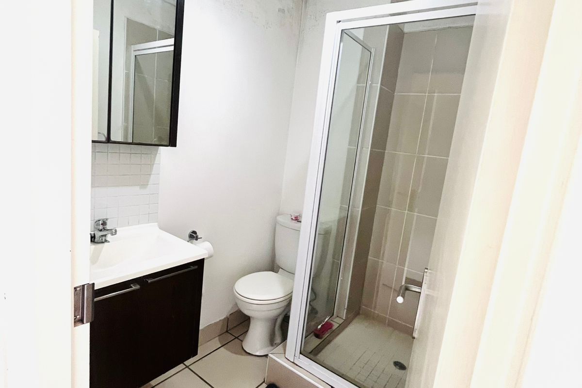 Compact bathroom featuring a shower enclosure, vanity cabinet with integrated basin, and toilet, requiring cosmetic updates and ceiling repairs.
