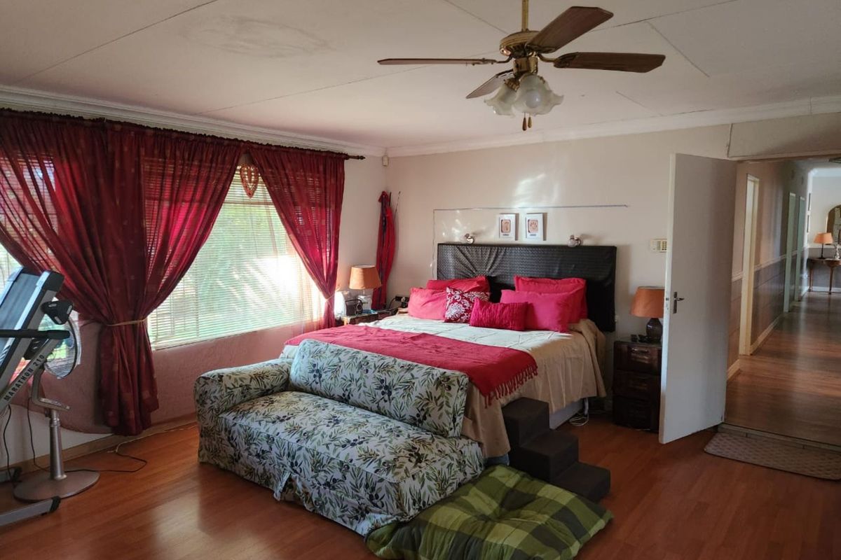 Spacious bedroom featuring laminate flooring, a ceiling fan, and direct access to the hallway.