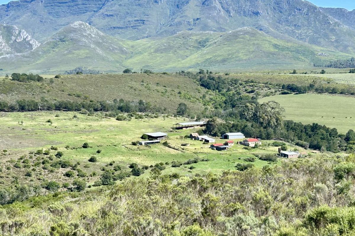 An elevated aerial view of a farm property featuring multiple outbuildings and barns set against a scenic mountain landscape.
