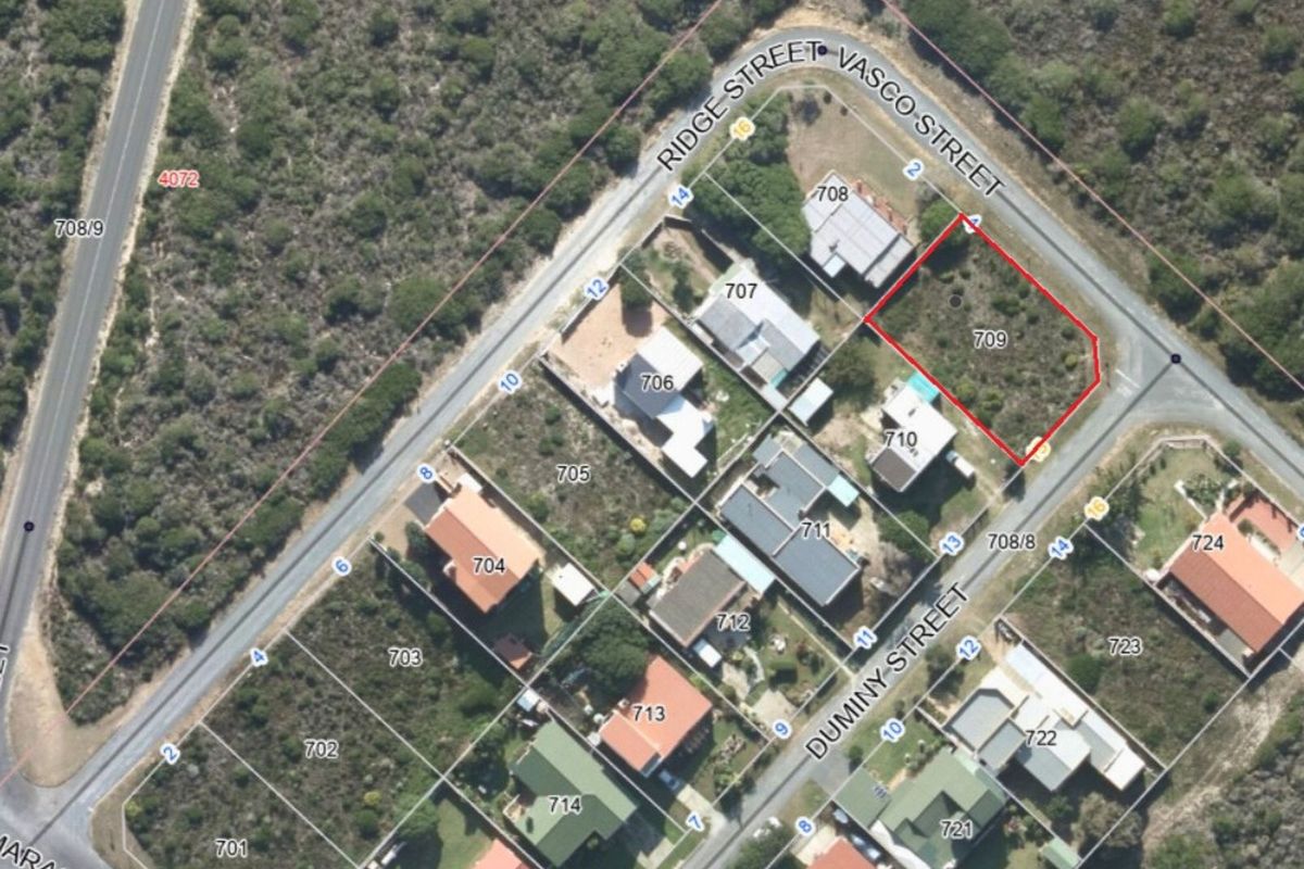 Aerial view of a vacant residential plot located at the corner of Ridge Street and Vasco Street, highlighting the property boundaries.