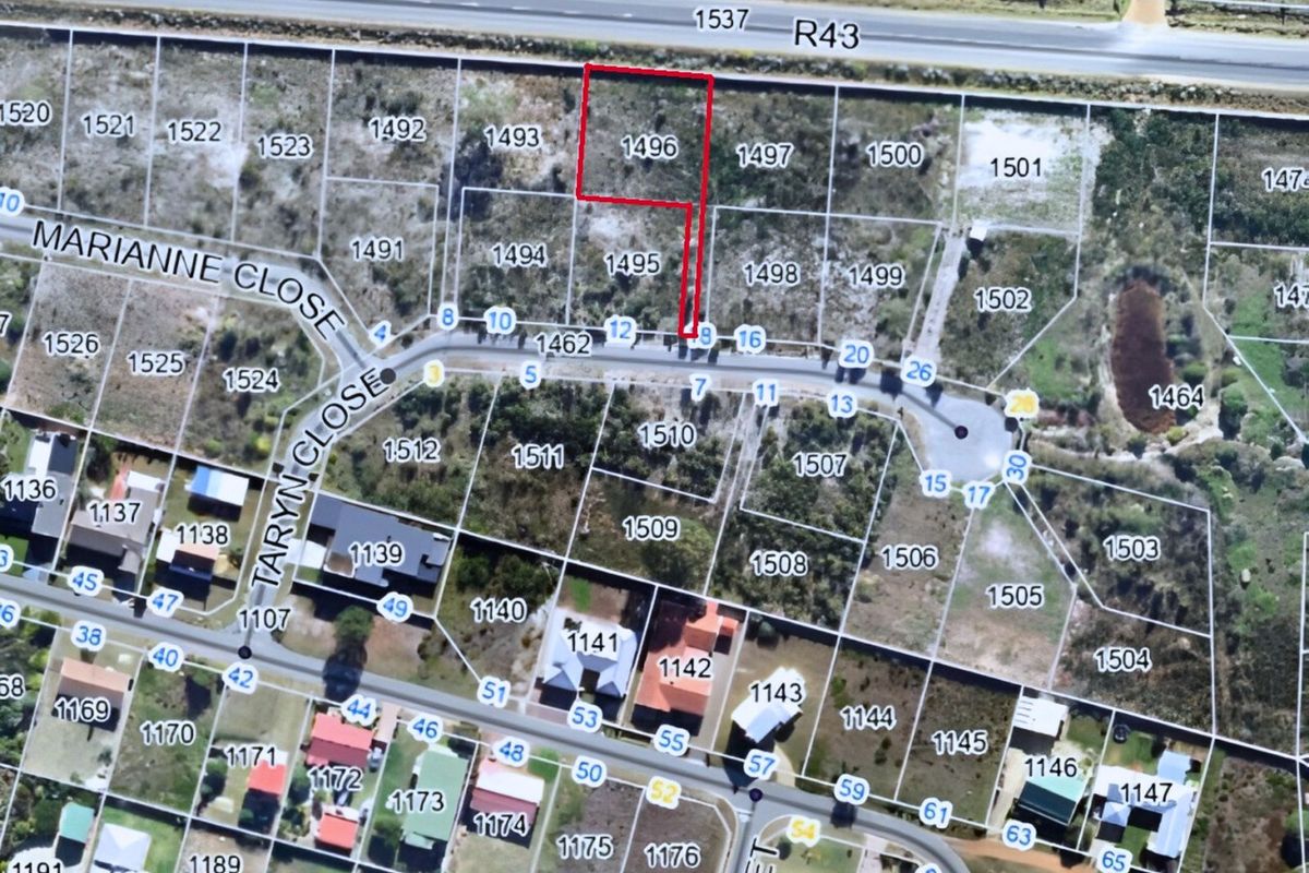 Aerial view of a vacant residential plot highlighted in red, situated within a developed neighborhood with access from Taryn Close.