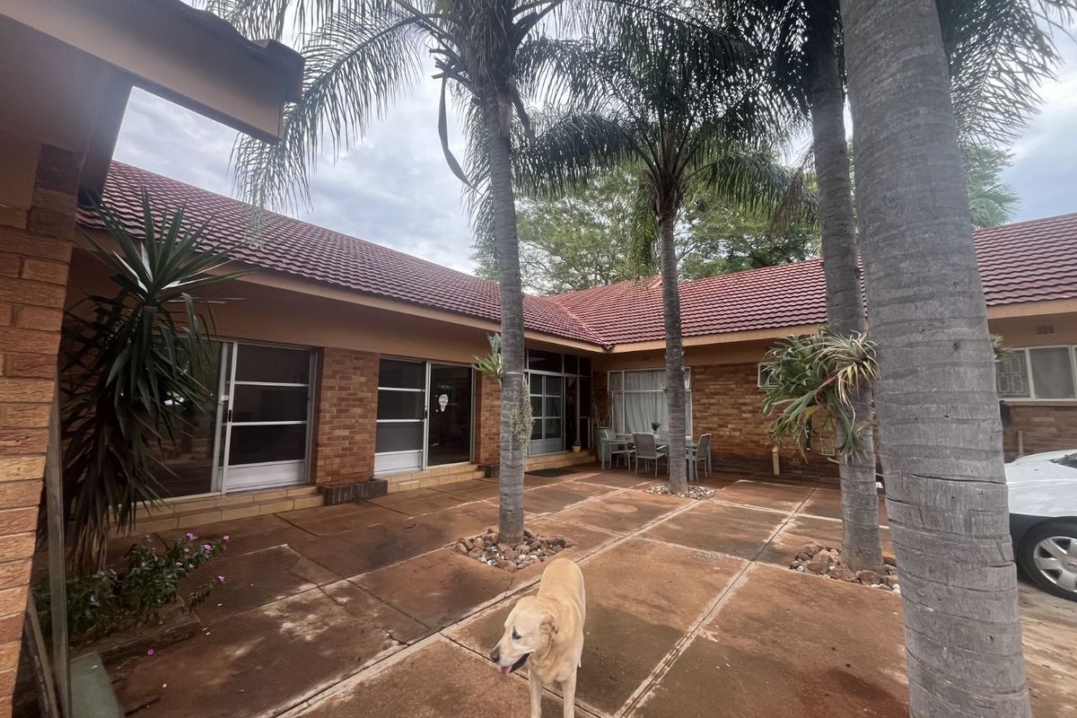 A spacious rear courtyard featuring paved flooring, mature palm trees, and direct access to the home through multiple sliding glass doors.