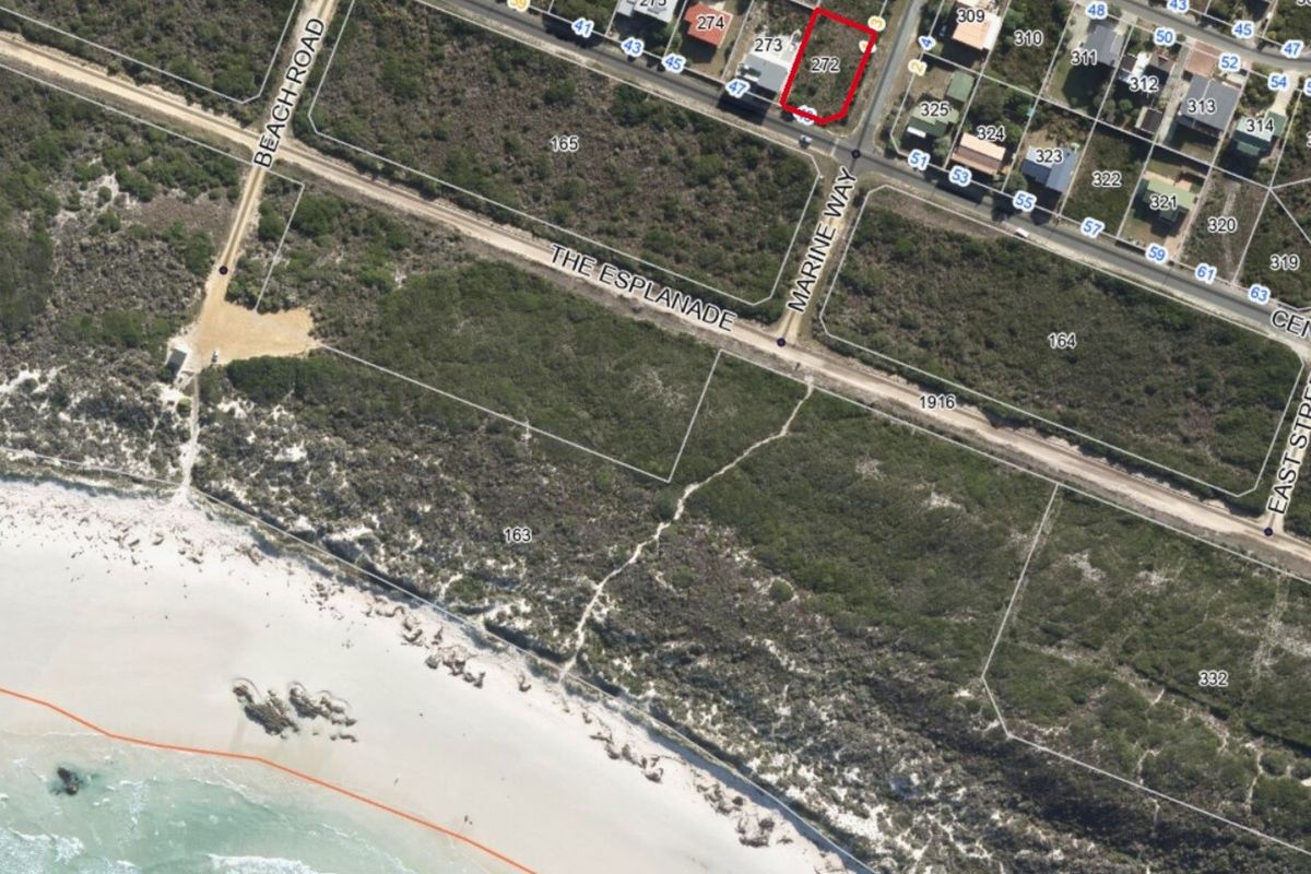 An aerial view showing the property location and surrounding coastal landscape, highlighting the proximity to the beach and local street layout.