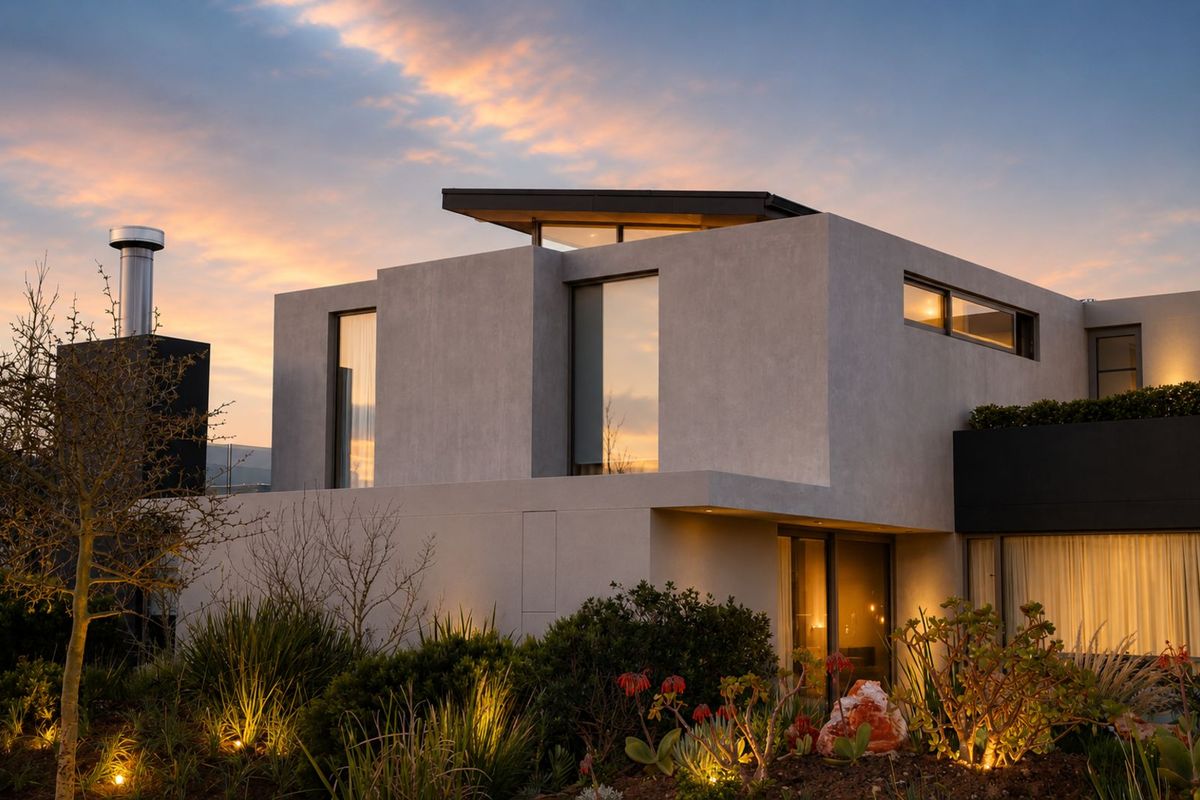 A modern architectural exterior featuring clean lines, large windows, and integrated landscape lighting at dusk.