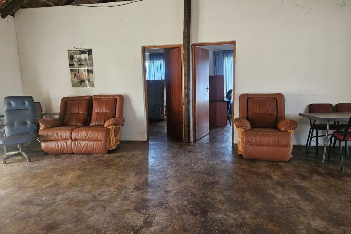 Spacious living area featuring a rustic exposed thatch ceiling, polished concrete flooring, and dual doorways leading to adjacent rooms.