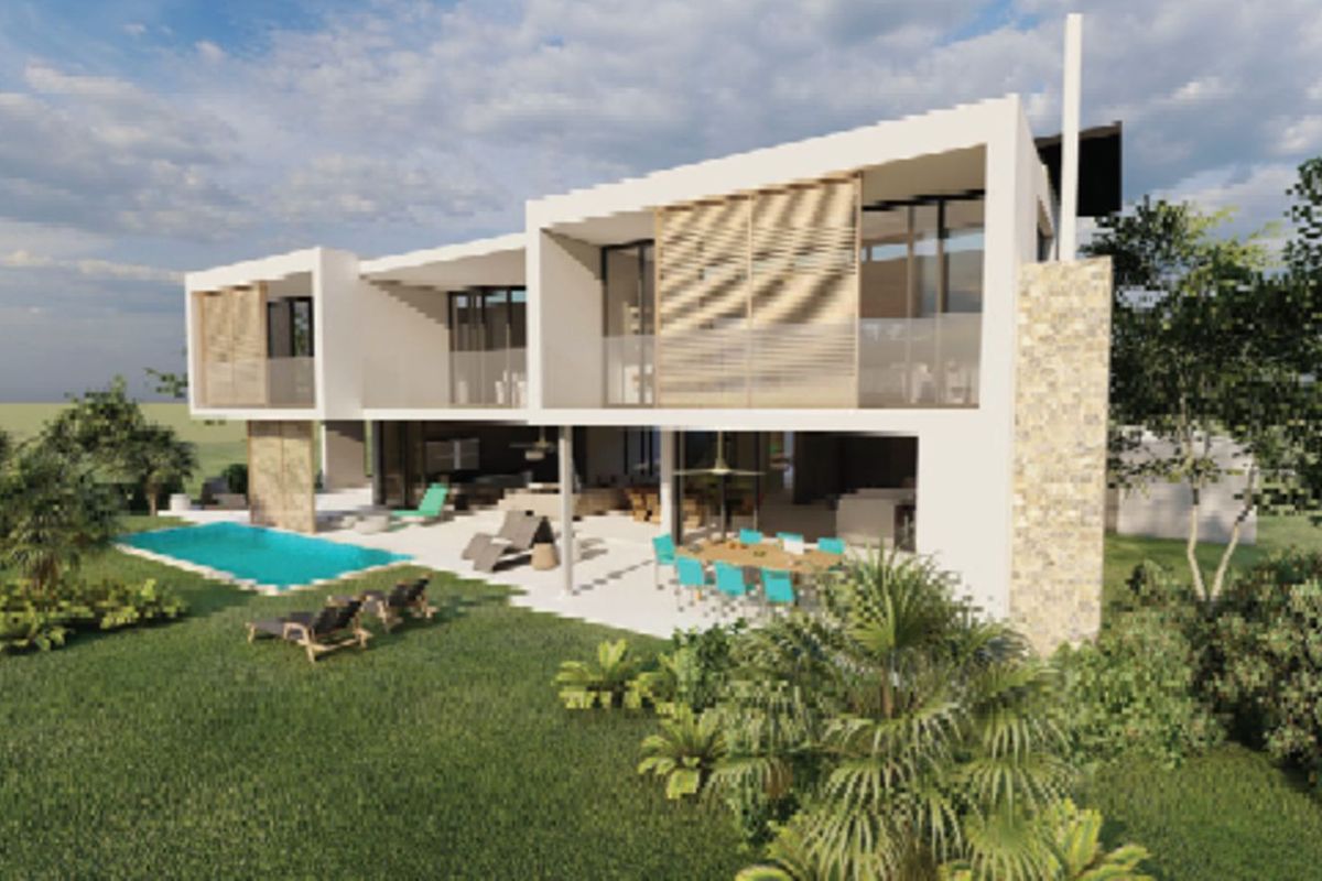 A modern architectural rendering of a two-story residential property featuring a swimming pool, spacious patio, and landscaped garden area.