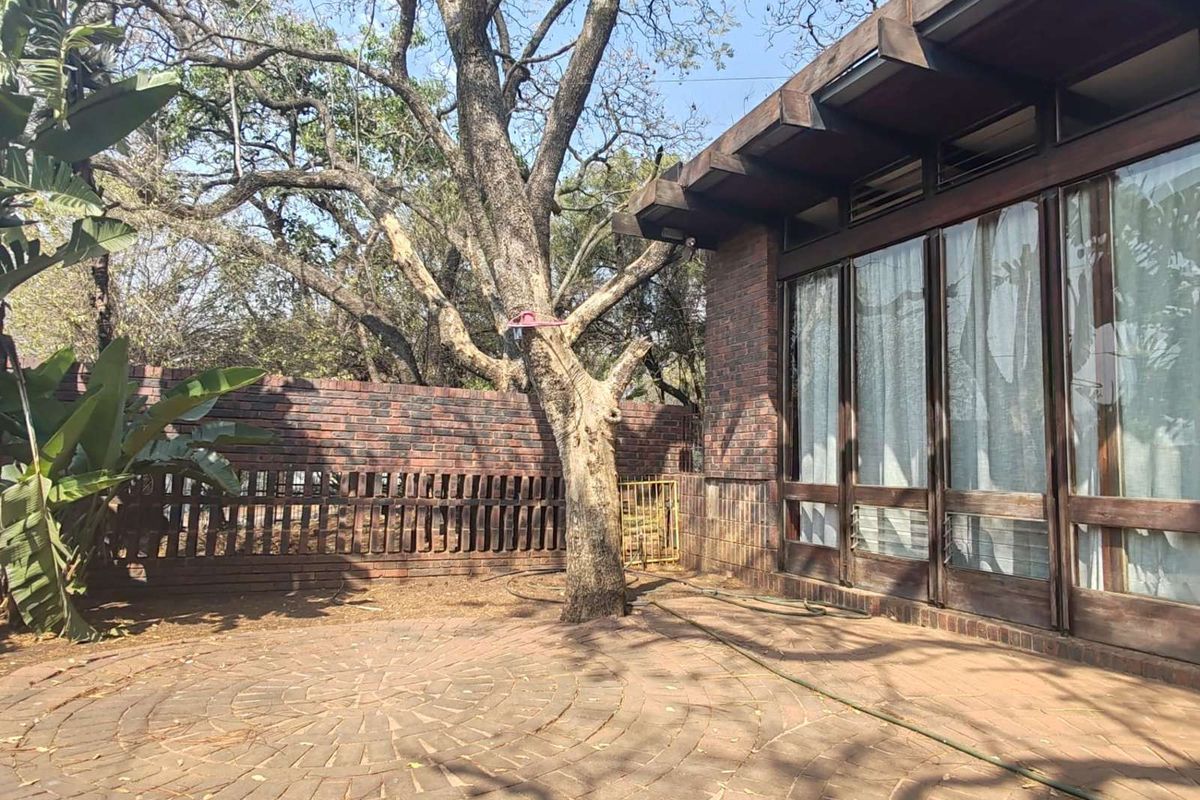 A private rear patio area featuring circular brick paving, mature trees, and a brick boundary wall, adjacent to the main house structure.