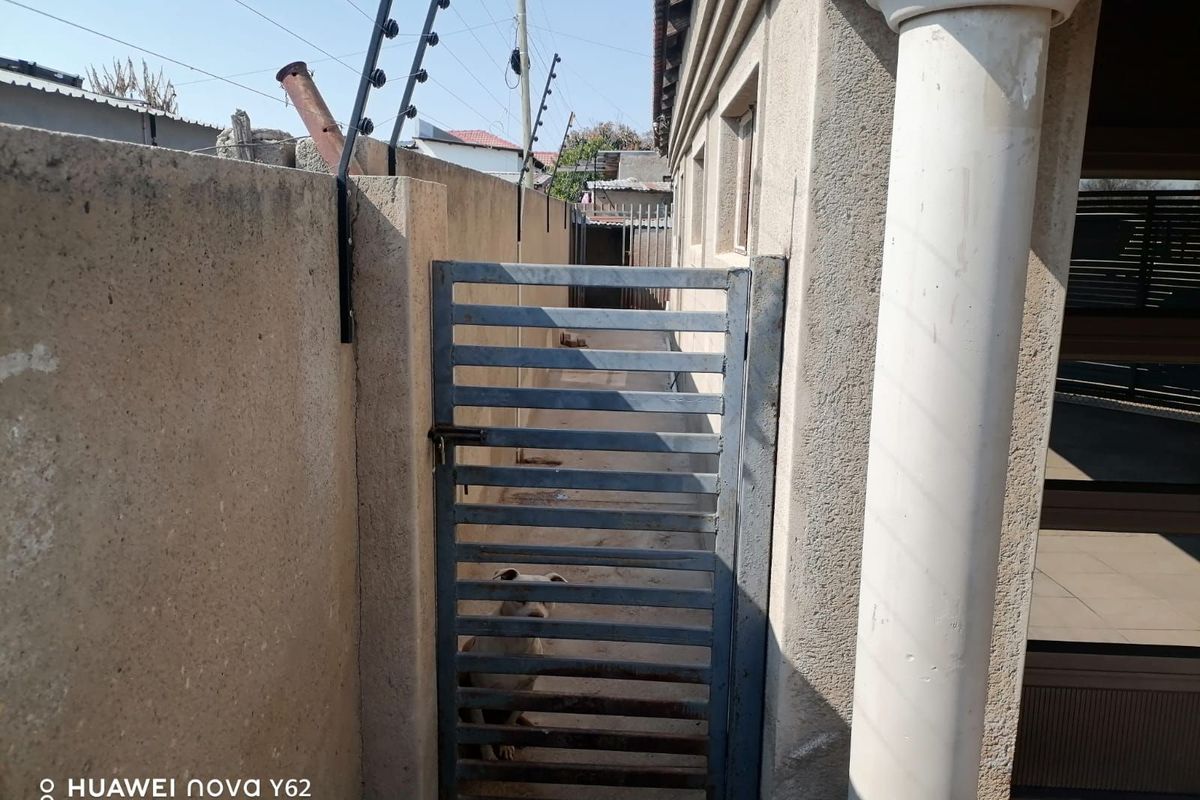 A narrow side passage featuring a metal security gate, perimeter wall with electric fencing, and a decorative column.